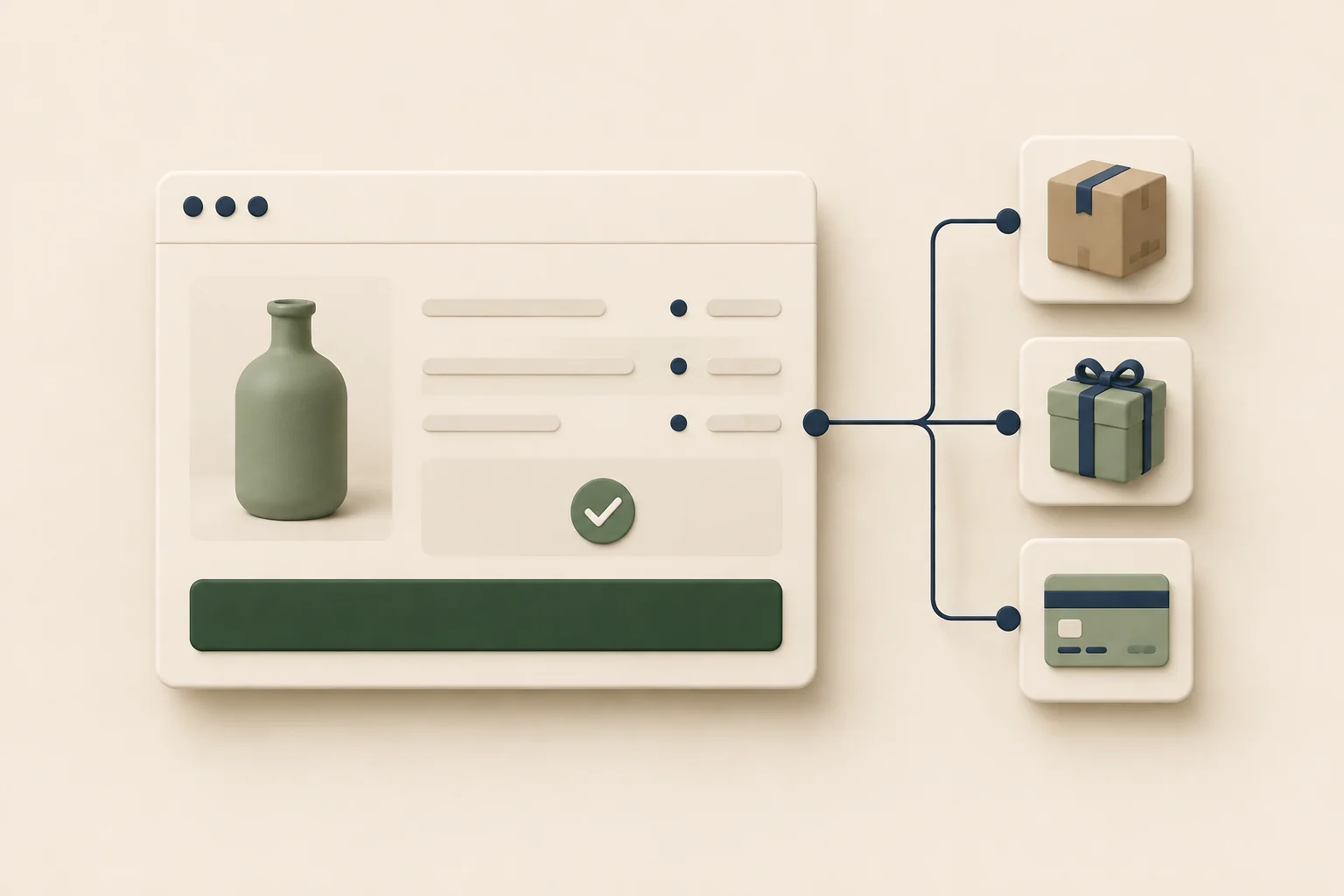 Concept illustration of checkout rules connecting gifts, delivery and payment