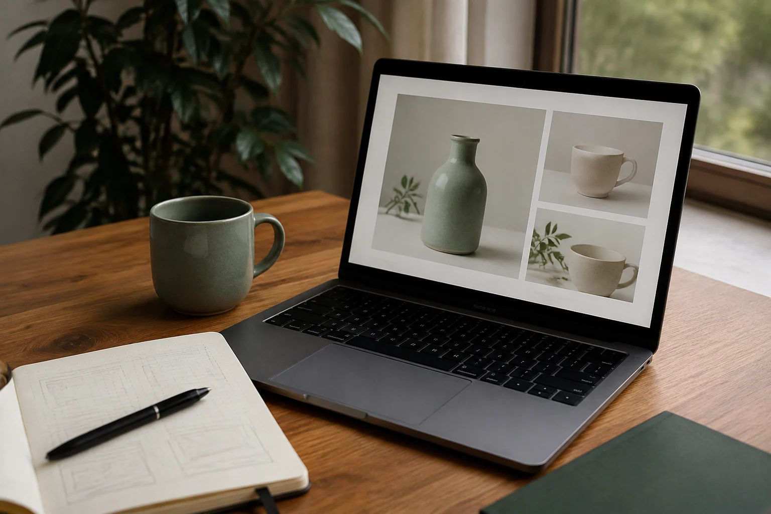 Illustrative workspace photograph with a laptop, ceramic products and a wireframe notebook